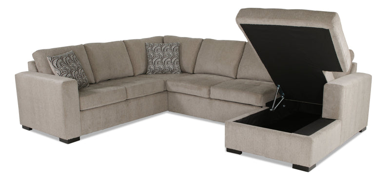 Sofa-lit sectionnel de droite Legend 3 pièces fabriqué au Canada en tissu de chenille avec fauteuil long de rangement - beige platine