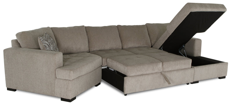 Sofa-lit sectionnel enveloppant de gauche Legend 3 pièces fabriqué au Canada en tissu de chenille avec fauteuil long - beige platine