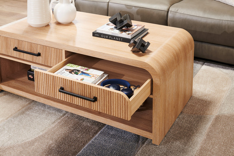 Table à café moderne Scott Living Lenore de 48 po avec rangement, tablette et roulettes - naturelle