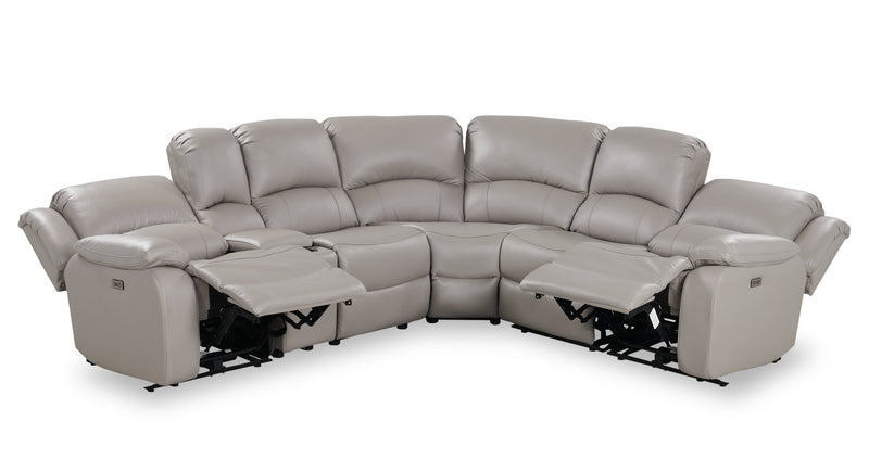 Sofa sectionnel à inclinaison électrique Marcel 6 pièces en cuir véritable avec console de rangement et port USB - gris apaisant