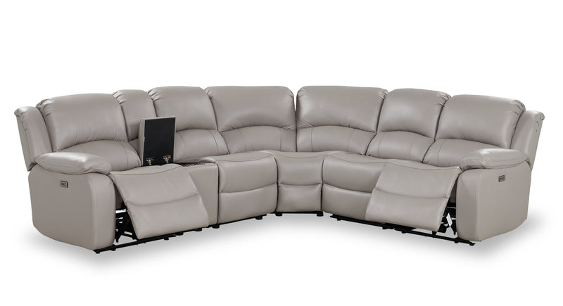 Sofa sectionnel à inclinaison électrique Marcel 6 pièces en cuir véritable avec console de rangement et port USB - gris apaisant