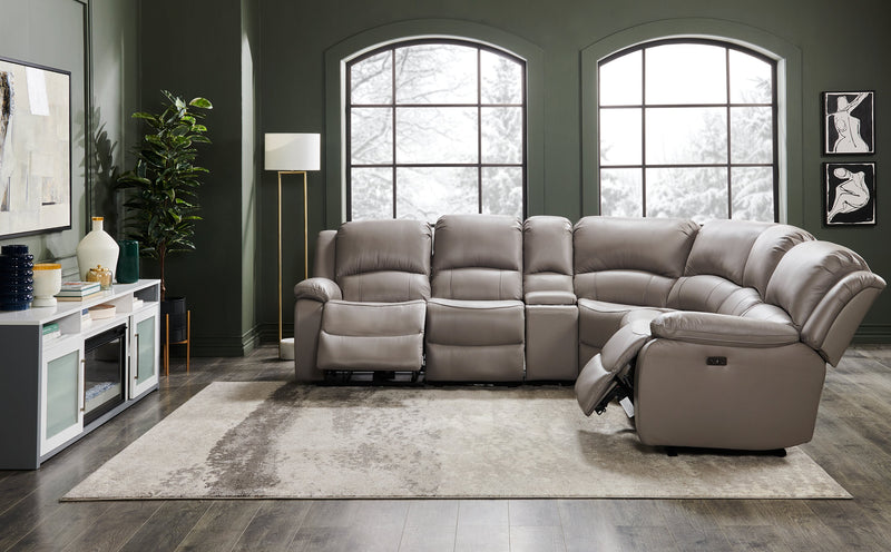 Sofa sectionnel à inclinaison électrique Marcel 6 pièces en cuir véritable avec console de rangement et port USB - gris apaisant