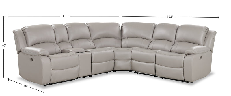Sofa sectionnel à inclinaison électrique Marcel 6 pièces en cuir véritable avec console de rangement et port USB - gris apaisant