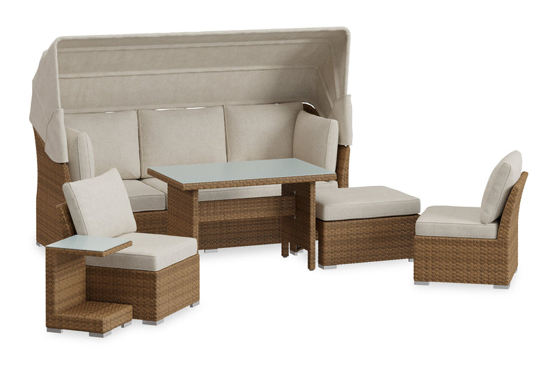 Ensemble de conversation à toit Montego 6 pièces pour la terrasse à l’extérieur avec sofa muni d’un toit, 2 fauteuils sans accoudoirs, pouf et table à café et table de bout avec dessus en verre - osier en résine tressé à la main, résistant aux rayons UV et aux intempéries - naturel et beige