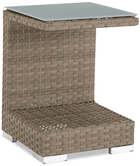 Ensemble de conversation à toit Montego 6 pièces pour la terrasse à l’extérieur avec sofa muni d’un toit, 2 fauteuils sans accoudoirs, pouf et table à café et table de bout avec dessus en verre - osier en résine tressé à la main, résistant aux rayons UV et aux intempéries - naturel et beige