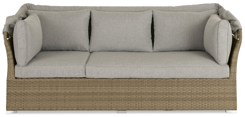 Ensemble de conversation à toit Montego 6 pièces pour la terrasse à l’extérieur avec sofa muni d’un toit, 2 fauteuils sans accoudoirs, pouf et table à café et table de bout avec dessus en verre - osier en résine tressé à la main, résistant aux rayons UV et aux intempéries - naturel et beige