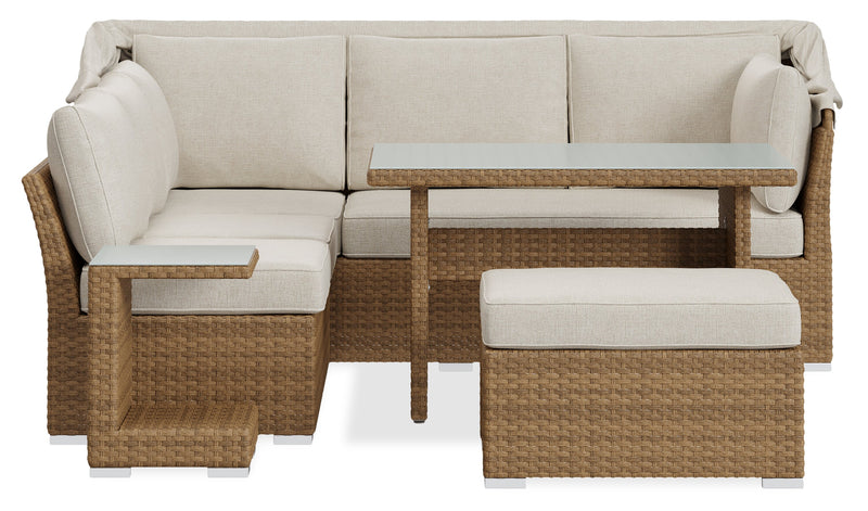 Ensemble de conversation à toit Montego 6 pièces pour la terrasse à l’extérieur avec sofa muni d’un toit, 2 fauteuils sans accoudoirs, pouf et table à café et table de bout avec dessus en verre - osier en résine tressé à la main, résistant aux rayons UV et aux intempéries - naturel et beige