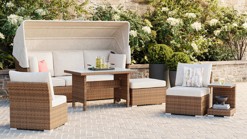 Ensemble de conversation à toit Montego 6 pièces pour la terrasse à l’extérieur avec sofa muni d’un toit, 2 fauteuils sans accoudoirs, pouf et table à café et table de bout avec dessus en verre - osier en résine tressé à la main, résistant aux rayons UV et aux intempéries - naturel et beige