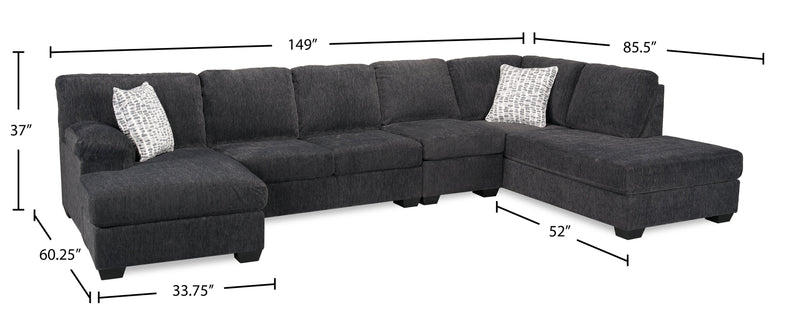Sofa sectionnel en U de droite Morgan 3 pièces fabriqué au Canada en tissu de chenille avec coussins décoratifs - gris