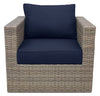 Naples Outdoor Patio Chair - Hand-Woven Resin Wicker, UV & Weather Resistant - Natural/Blue | Fauteuil Naples pour la terrasse à l’extérieur - osier en résine tressé à la main, résistant aux rayons UV et aux intempéries - naturel et bleu