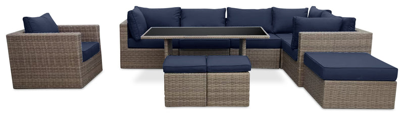 Ensemble de 2 petits poufs Naples pour la terrasse à l’extérieur - osier en résine tressé à la main, résistant aux rayons UV et aux intempéries - naturel et bleu