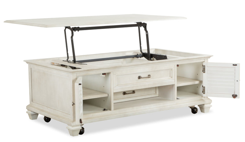 Table à café traditionnelle Newman de 50 po avec dessus relevable, rangement et roulettes - pin blanc albâtre
