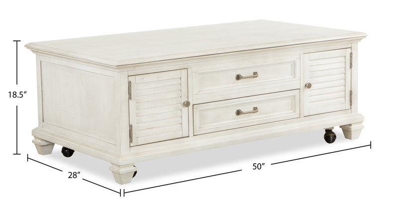 Table à café traditionnelle Newman de 50 po avec dessus relevable, rangement et roulettes - pin blanc albâtre