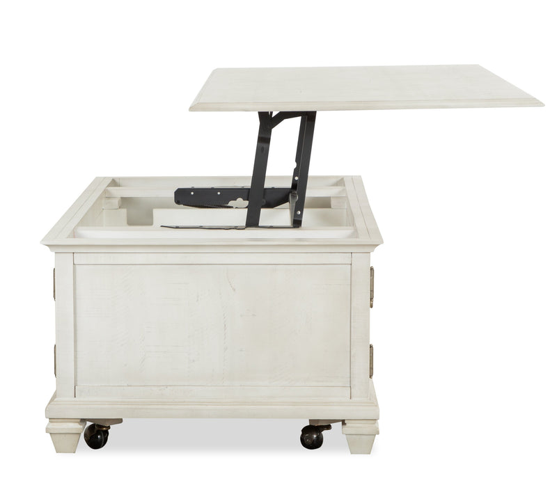 Table à café traditionnelle Newman de 50 po avec dessus relevable, rangement et roulettes - pin blanc albâtre