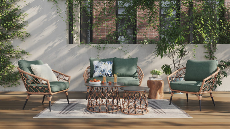 Kort & Co. Ensemble Panama 5 pièces pour la terrasse à l’extérieur avec causeuse, 2 fauteuils et grande et petite tables - osier en résine tressé à la main, résistant aux rayons UV et aux intempéries - naturel et vert