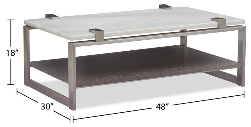 Table à café moderne Paradox de 48 po avec tablette - dessus en marbre blanc avec armature platine brossé