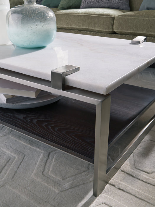 Table à café moderne Paradox de 48 po avec tablette - dessus en marbre blanc avec armature platine brossé