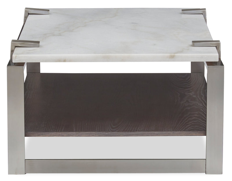 Table à café moderne Paradox de 48 po avec tablette - dessus en marbre blanc avec armature platine brossé