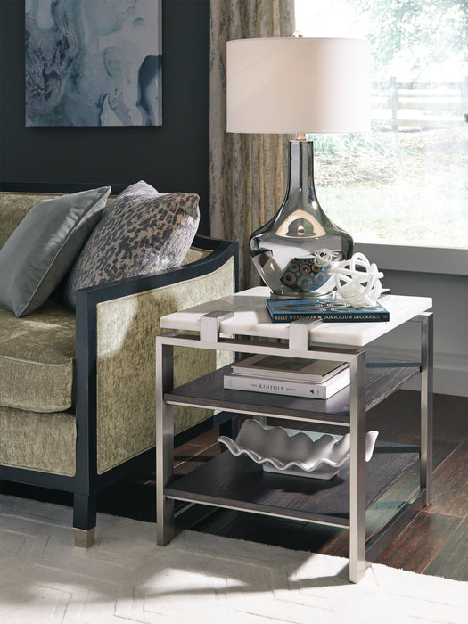 Table de bout moderne Paradox de 22 po avec tablette - dessus en marbre blanc avec armature platine brossé
