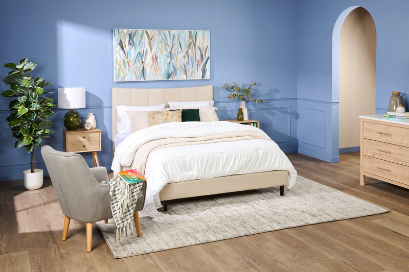 Lit plateforme rembourré Paseo en tissu de cuir végétalien taupe - format grand lit