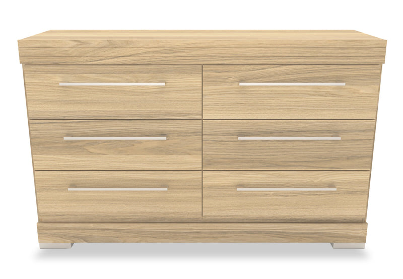 Ensemble lit matelot Riley 6 pièces avec tête de lit bibliothèque, commode, miroir et table de nuit, naturel - format lit double