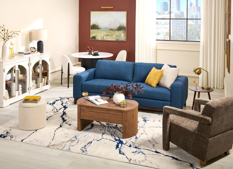 Sofa River de 87 po en tissu d’apparence lin avec base et pattes en bois - bleu