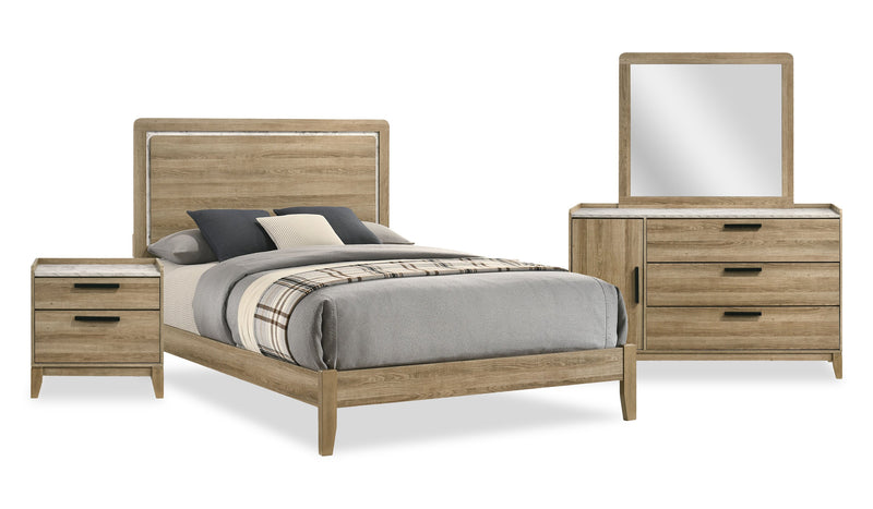 Ensemble de chambre à coucher Sable brun clair 6 pièces avec lit, commode, miroir et table de nuit - format grand lit