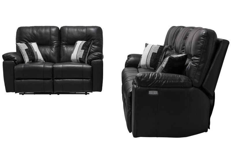 Causeuse à inclinaison électrique Dawson de 64 po fabriquée au Canada en cuir véritable avec port USB et coussins décoratifs - noir