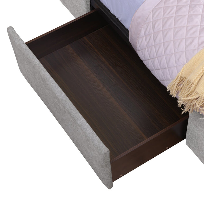Lit de rangement Amos rembourré en tissu gris avec tête de lit capitonnée et 3 tiroirs intégrés - format très grand lit