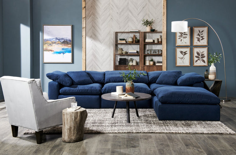 Sofa sectionnel modulaire de style cocon Eclipse 4 pièces en tissu d’apparence lin avec coussins réversibles en duvet et plumes - bleu marine