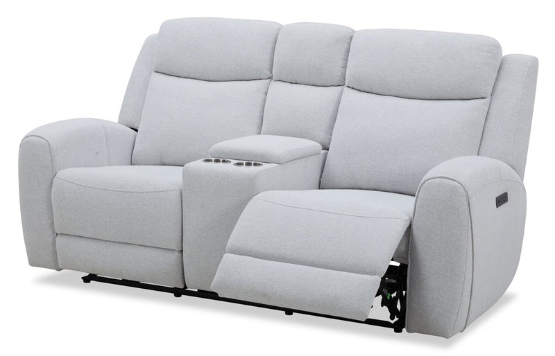 Causeuse à inclinaison électrique Reign de 78 po en tissu avec console - gris pierre Bronco