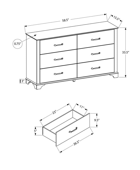 Commode de chambre à coucher Clara de 59 po (L) x 34 po (H) à 6 tiroirs - chêne blanchi et brun