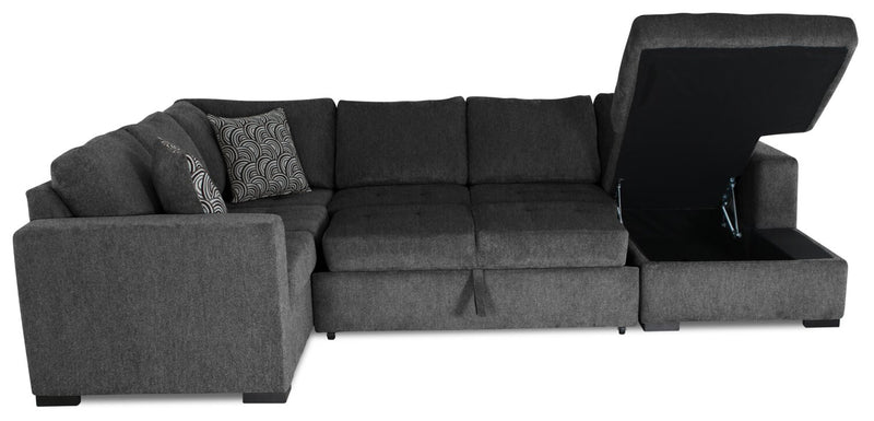 Sofa-lit sectionnel de droite Legend 4 pièces fabriqué au Canada en tissu de chenille avec fauteuil long de rangement - gris poivre