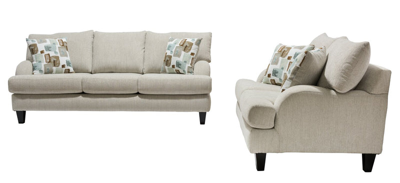 Causeuse Nofia de 58 po fabriquée au Canada en tissu de chenille avec 2 coussins décoratifs et pattes en bois - beige lin
