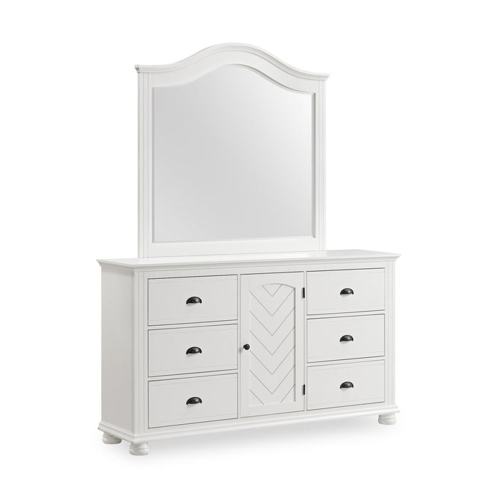 Ensemble de chambre à coucher Ella 5 pièces blanc avec lit à panneaux, commode et miroir - format lit simple