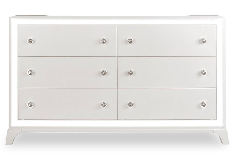 Commode somptueuse Halo de 58 po (l) x 35 po (H) à 6 tiroirs avec éclairage à DEL pour la chambre à coucher - blanche
