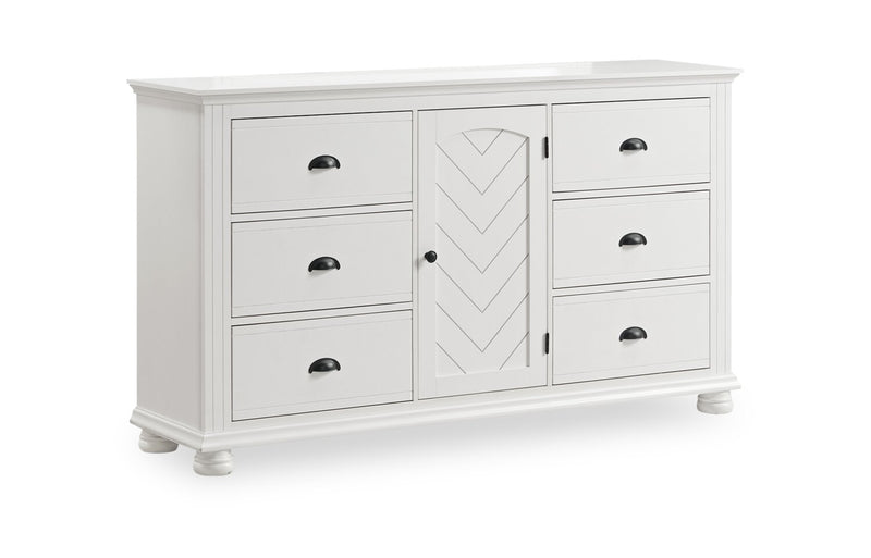 Ensemble de chambre à coucher Ella 5 pièces blanc avec lit à panneaux, commode et miroir - format lit simple
