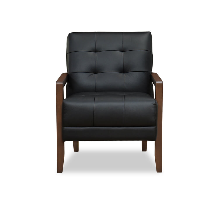 Fauteuil d’appoint Enzo de 26 po en cuir véritable avec capitonnage en biscuit, accoudoirs rectilignes et pattes en bois - noir