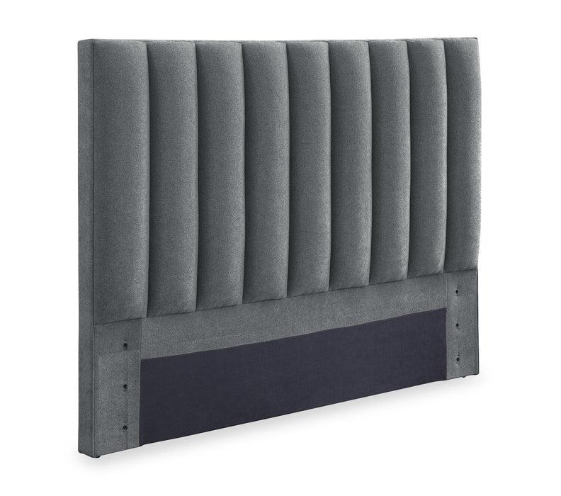 Lit de rangement Amos rembourré en tissu anthracite avec tête de lit à canaux et 3 tiroirs intégrés - format très grand lit