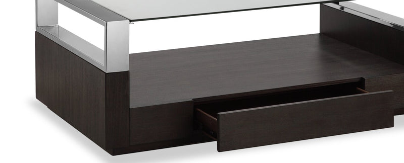 Table à café moderne Perrin de 50 po avec dessus de table en verre, rangement et tablette - graphite