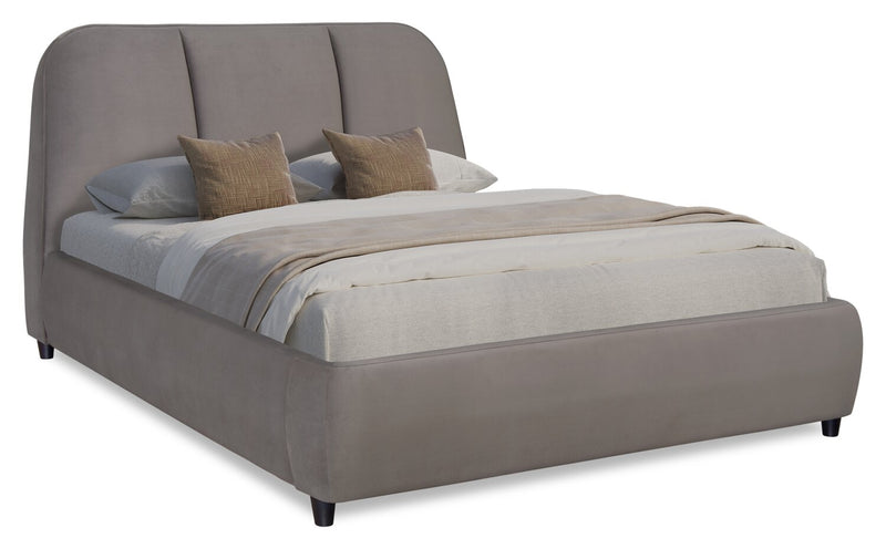 Lit plateforme rembourré Mave en tissu de velours gris - format grand lit
