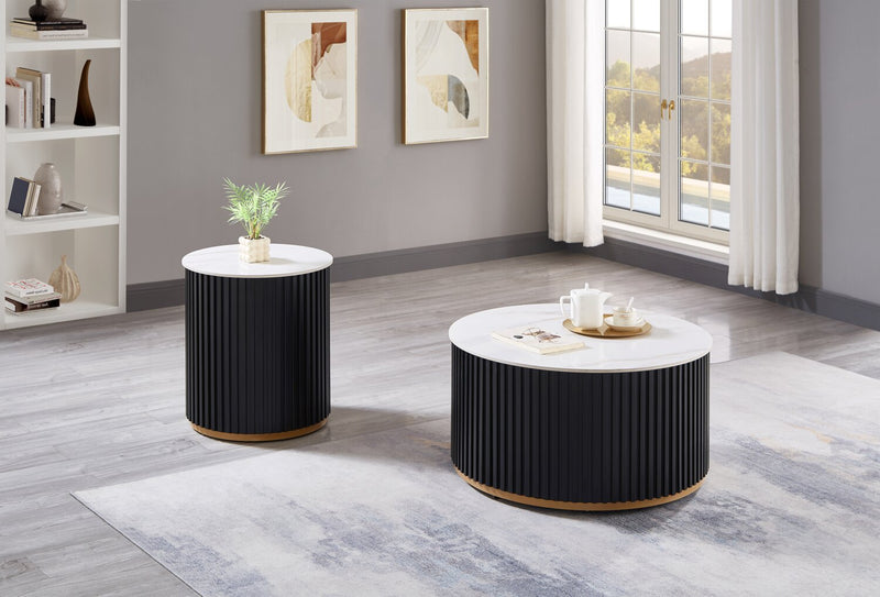 Table à café ronde moderne Capri de Kort & Co. de 32 po avec dessus en pierre frittée blanche et roulettes - noire et dorée