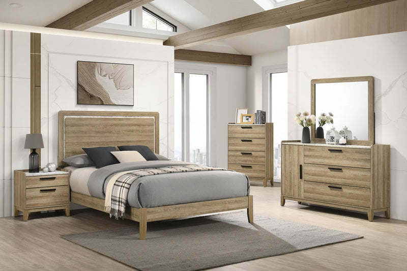 Lit à panneaux Sable brun clair avec tête de lit et cadre de lit - format lit double