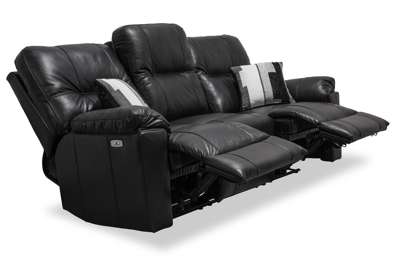 Sofa à inclinaison électrique Dawson de 87 po fabriqué au Canada en cuir véritable avec port USB et oussins décoratifs - noir