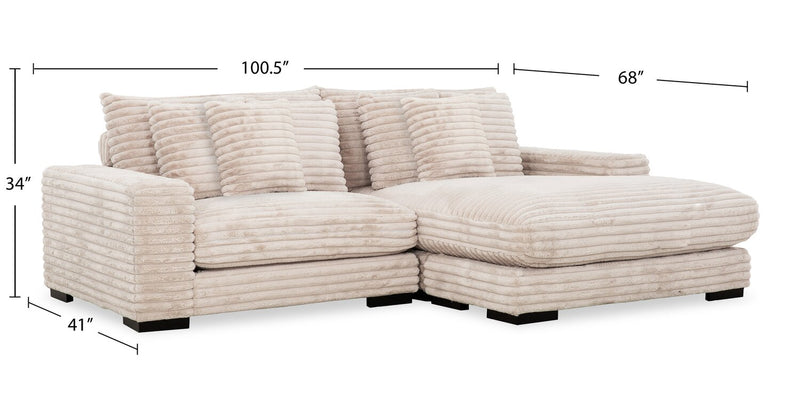 Sofa sectionnel Alto 2 pièces en tissu de fausse fourrure très douce avec deux porte-gobelets, ports USB, et 4 coussins décoratifs - vison taupe