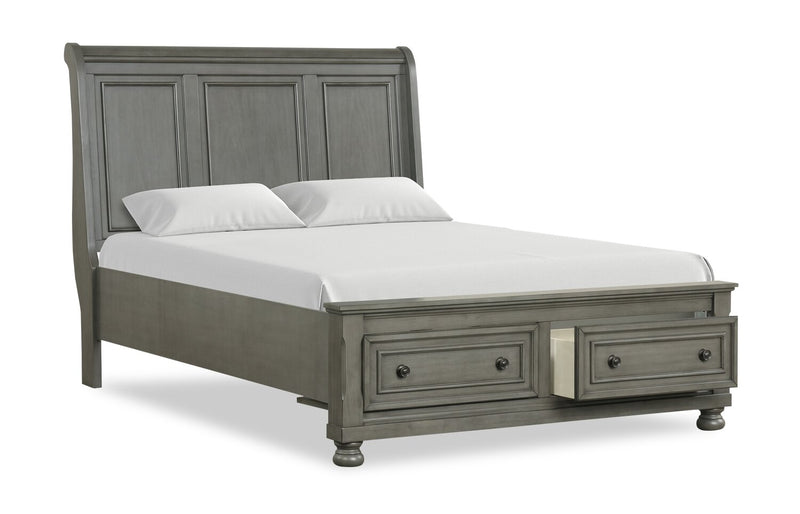 Ensemble de chambre à coucher Chelsea 6 pièces gris avec lit de rangement, commode et miroir - format grand lit