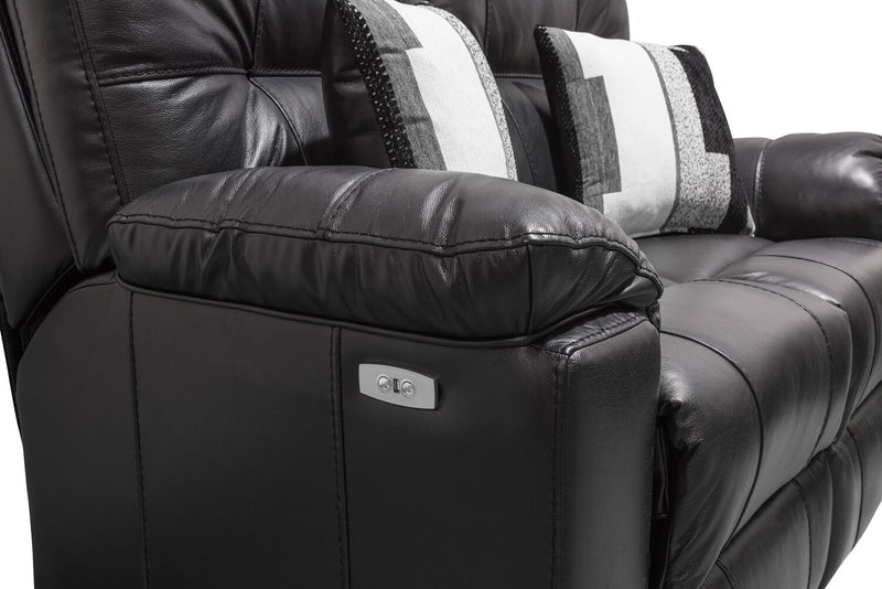 Causeuse à inclinaison électrique Dawson de 64 po fabriquée au Canada en cuir véritable avec port USB et coussins décoratifs - noir