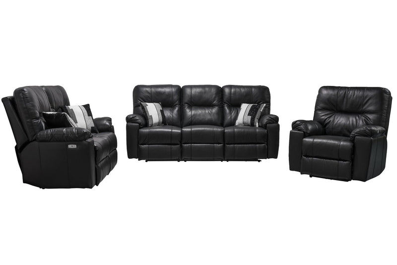 Sofa à inclinaison électrique Dawson de 87 po fabriqué au Canada en cuir véritable avec port USB et oussins décoratifs - noir