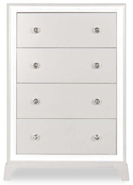 Commode verticale somptueuse Halo de 32 po (l) x 48 po (H) à 4 tiroirs avec éclairage à DEL pour la chambre à coucher - blanche