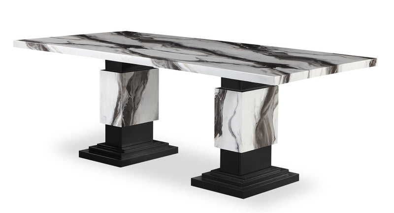 Ensemble de salle à manger Vega 7 pièces avec table de 82 po (L), imitation de marbre, base piédestal et 6 chaises - noir et blanc